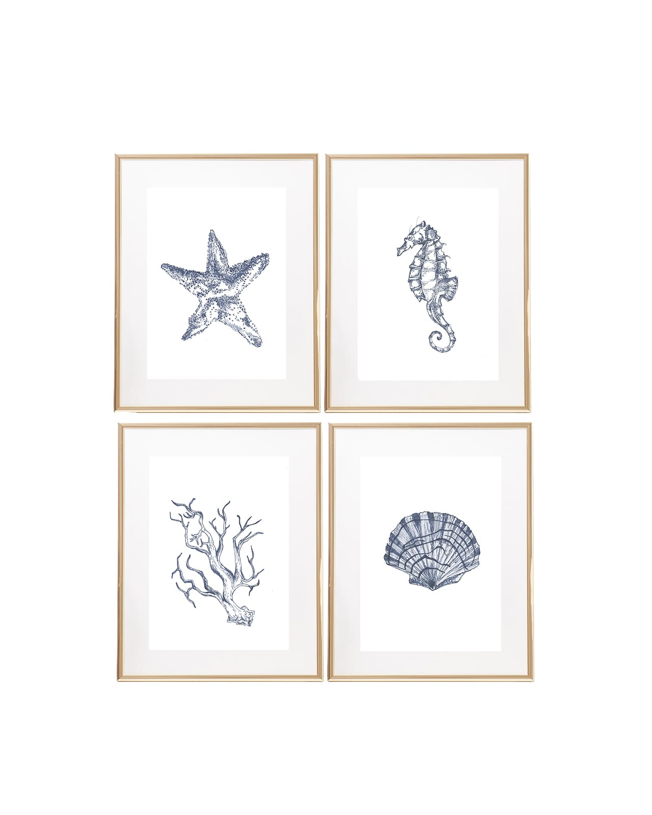 Navy Blue Nautical Ink Drawings, Seashell Starfish Coral Seahorse