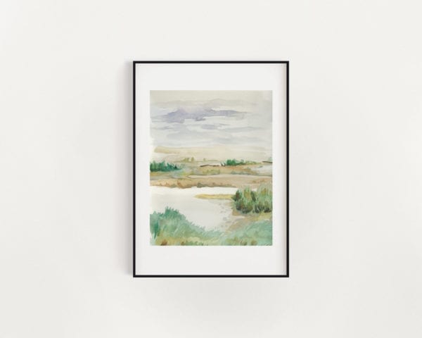 Green marsh coast watercolor print